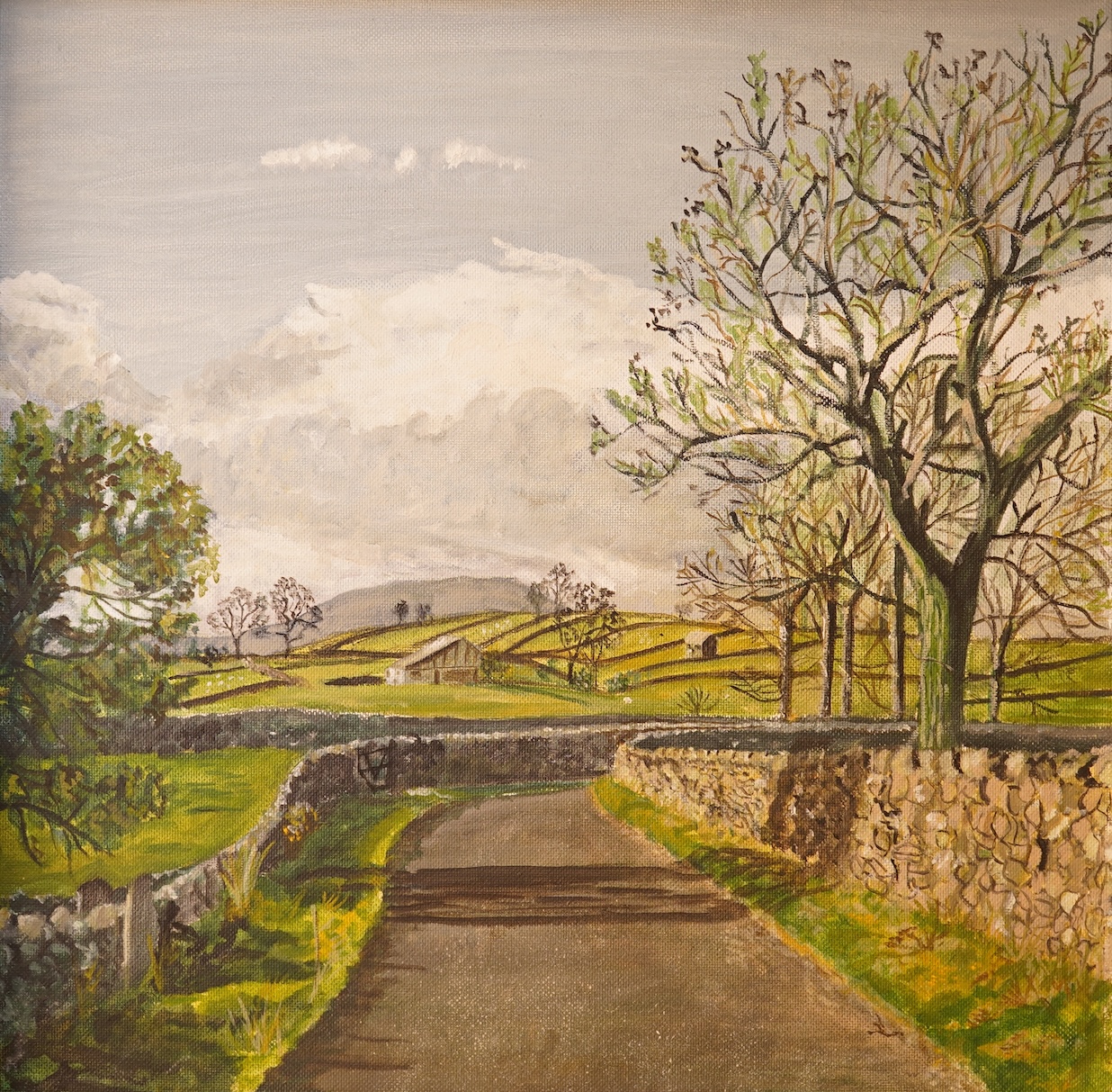 Modern British, rural scene with lane before fields, unsigned, oil on artists board, 59 x 60cm